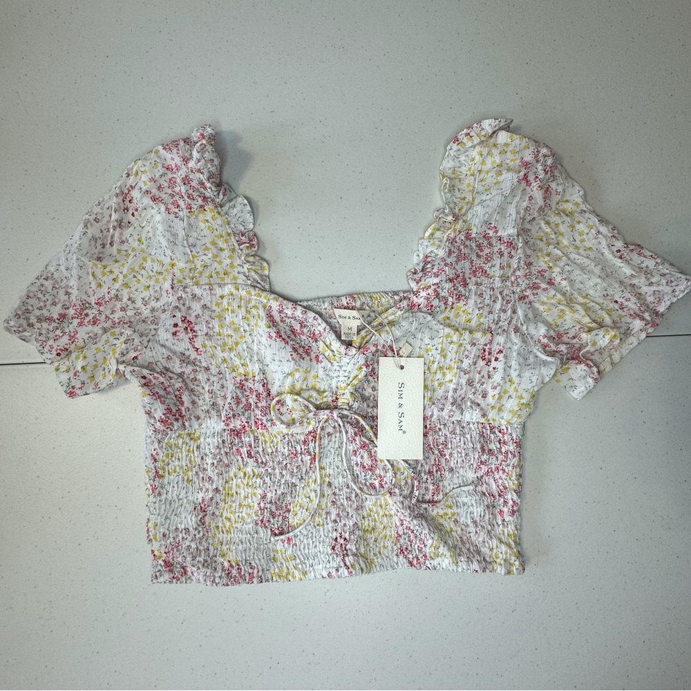NWT Sim and Sam pink yellow floral peasant crop top juniors teens medium